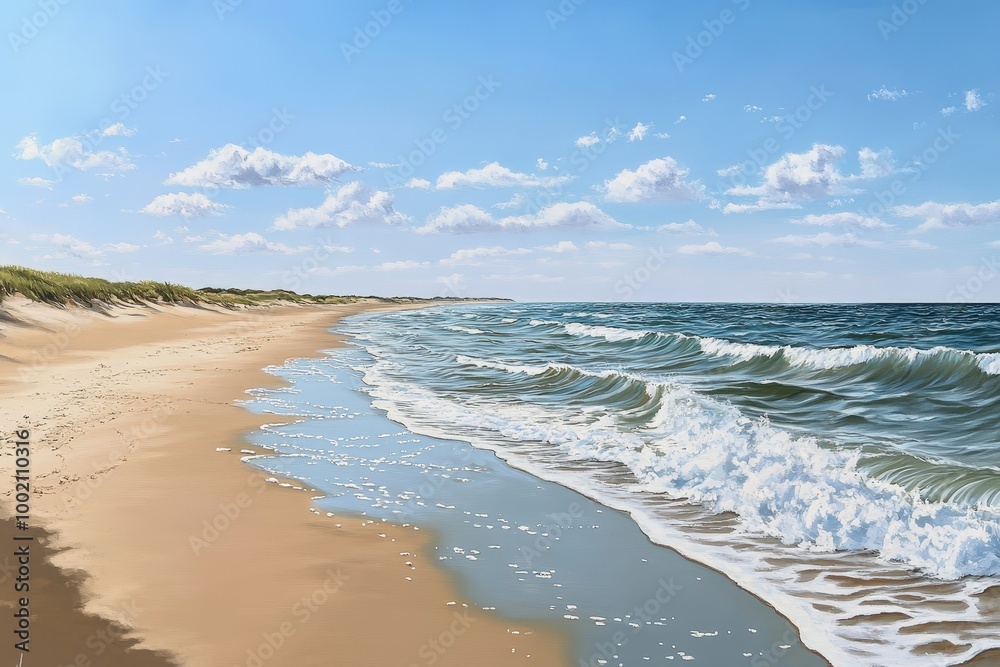 Fototapeta premium Tranquil beach scene with the ocean waves lapping at the shore under a clear blue sky.