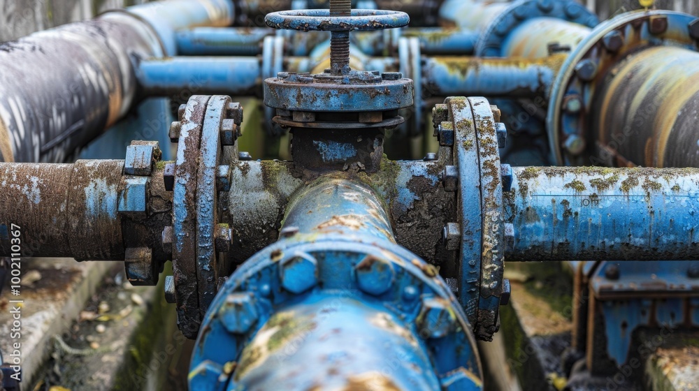 Industrial Blue Pipes and Valves in Close-Up View Industrial Blue Pipes and Valves in Close-Up View