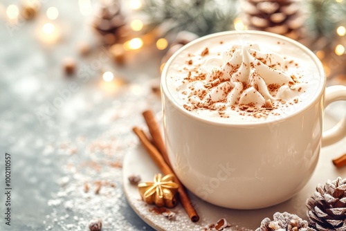 Steaming mug of eggnog sprinkled with cinnamon for christmas