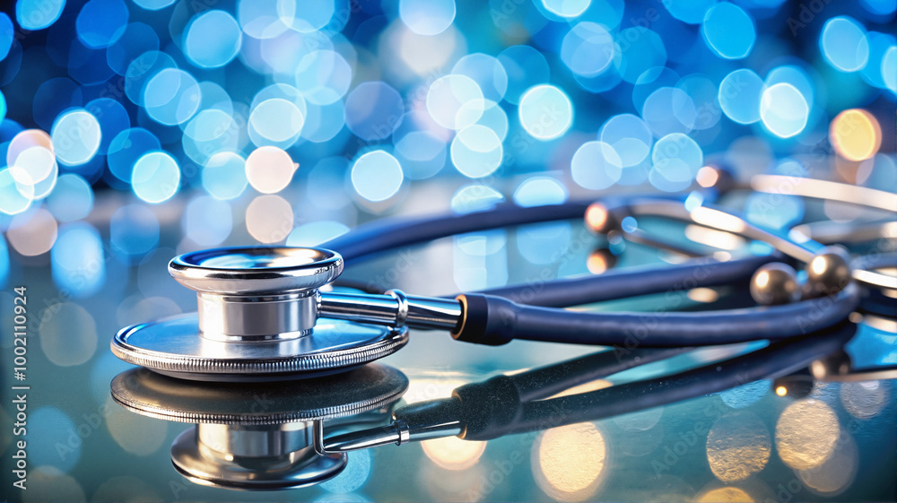 Stethoscope on reflective surface with blue bokeh medical background Stethoscope on reflective surface with blue bokeh medical background