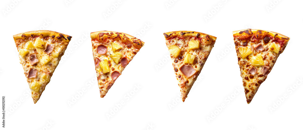 A delicious pizza slice with pineapple and ham, isolated on a white background A delicious pizza slice with pineapple and ham, isolated on a white background