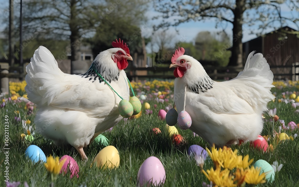 Fototapeta premium Two cute white chickens are sitting together in a bright field