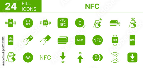 Collection of 24 NFC fill icons featuring editable strokes. These outline icons depict various modes of NFC, cashless, digital payment, payment terminal,