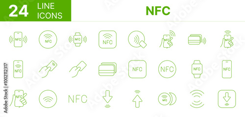 Collection of 24 NFC line icons featuring editable strokes. These outline icons depict various modes of NFC, cashless, digital payment, payment terminal,