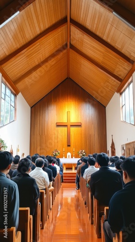 Congregation sitting in pews attending sunday church service