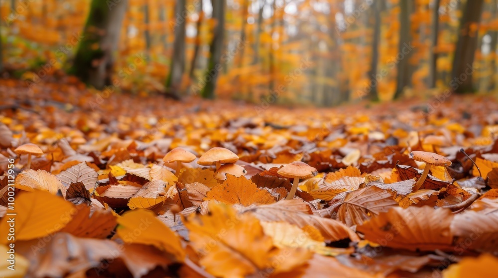 Autumn Forest Path with Mushrooms and Fallen Leaves Autumn Forest Path with Mushrooms and Fallen Leaves