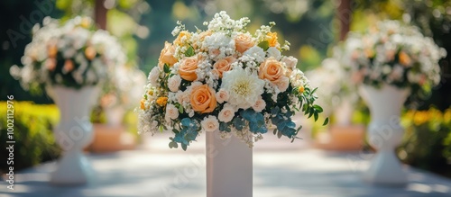 White and Peach Flower Arrangements on Stands, Outdoor Ceremony Decor.