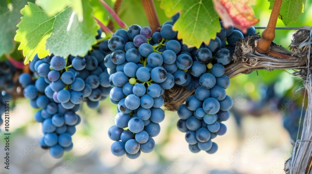 Fresh Blue Grapes on Vine in Sunny Vineyard Setting Fresh Blue Grapes on Vine in Sunny Vineyard Setting