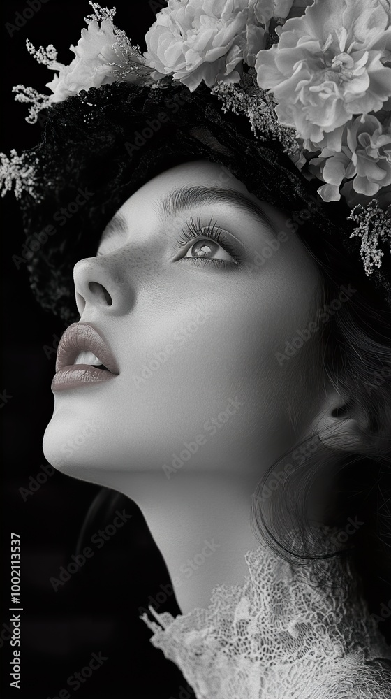 Black and White Portrait of a Woman with Flowers in Her Hair Black and White Portrait of a Woman with Flowers in Her Hair