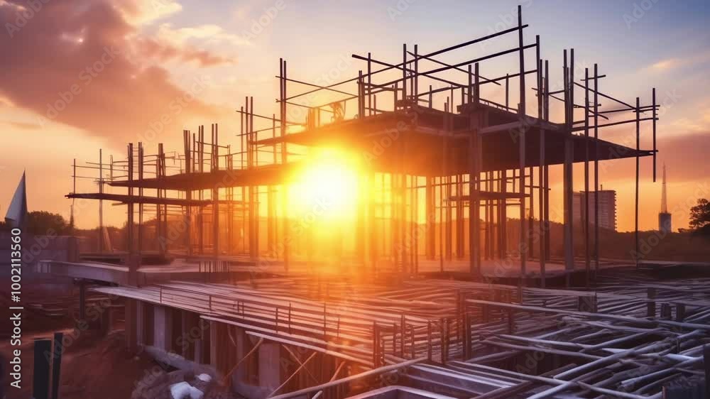 The sun sets over a busy construction site with a new building rising, enveloped in a warm glow. Steel beams and concrete columns stand tall as workers and engineers bring the blueprint to life The sun sets over a busy construction site with a new building rising, enveloped in a warm glow. Steel beams and concrete columns stand tall as workers and engineers bring the blueprint to life