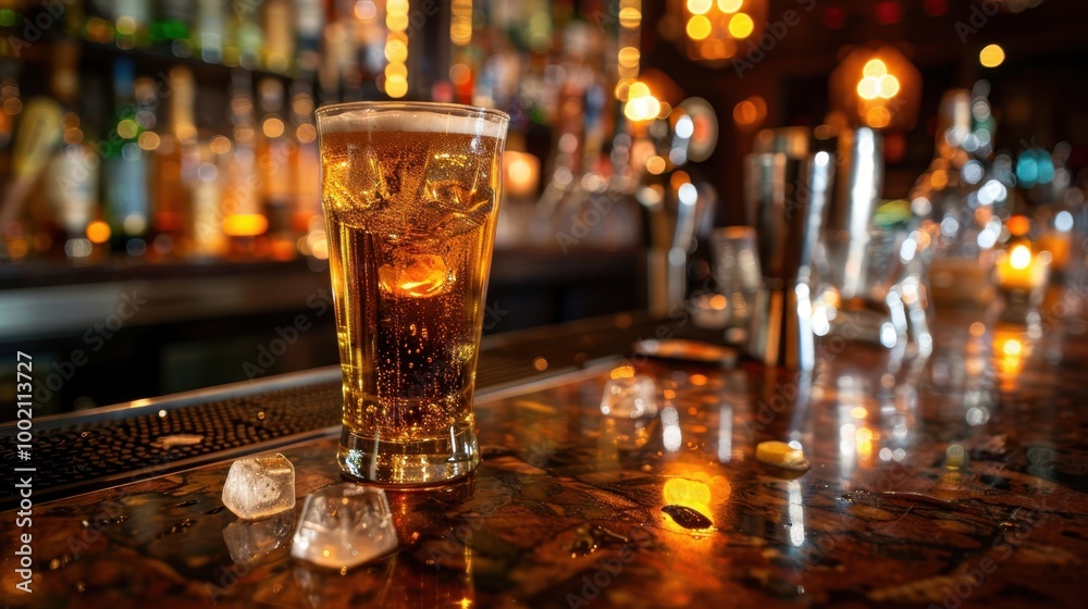 Refreshing Beverage on Bar Counter with Ice Cubes Refreshing Beverage on Bar Counter with Ice Cubes