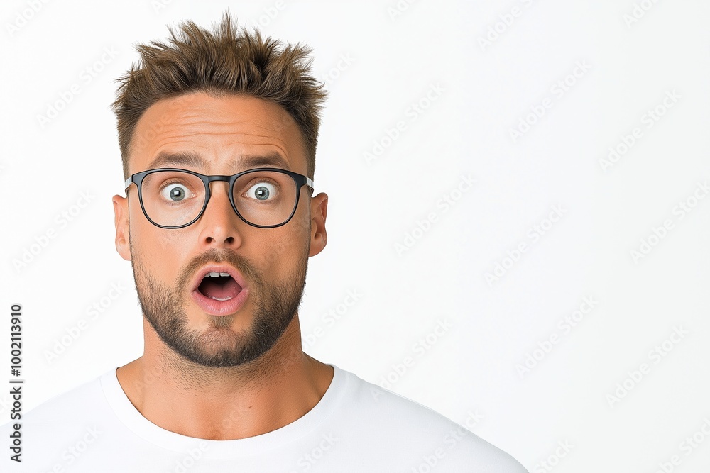 Man with glasses and a surprised expression. His eyes are wide open. His nose is visible. man with a wow expression open mouth, wearing glasses Man with glasses and a surprised expression. His eyes are wide open. His nose is visible. man with a wow expression open mouth, wearing glasses