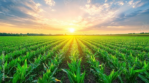 Fototapeta Naklejka Na Ścianę i Meble -  Green corn field growing under cloudy blue sky