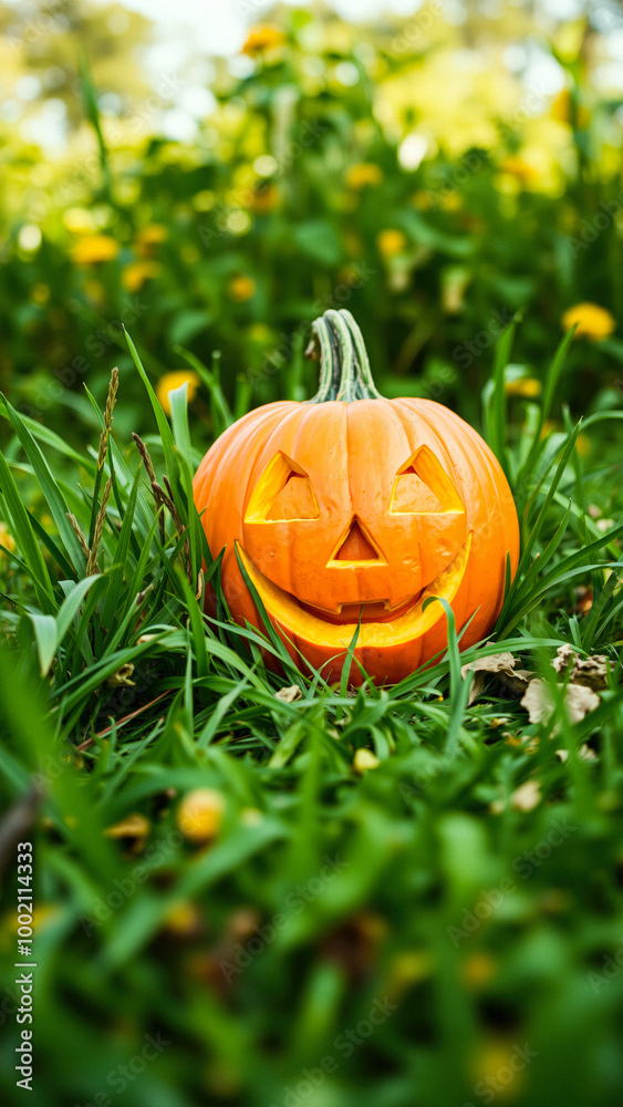 Obraz premium Carved Pumpkin in a Field of Green