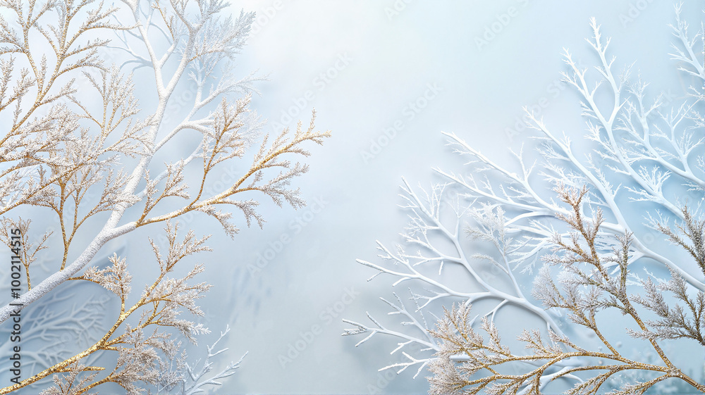 Elegant winter branches with frosted white and gold leaves on a soft blue background Elegant winter branches with frosted white and gold leaves on a soft blue background