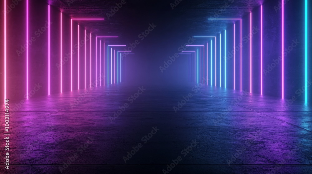 Fototapeta premium A futuristic corridor with glowing pink and blue neon lights set against a misty background, creating an ethereal atmosphere.