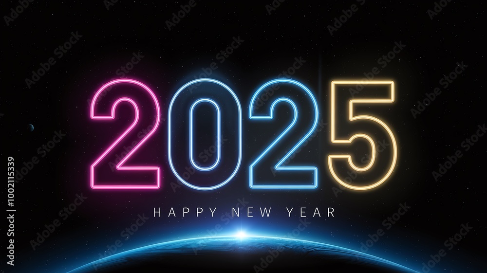 Obraz premium Neon 2025 Happy New Year with Earth.