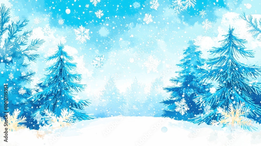 Obraz premium Snow falling on pine trees in winter wonderland watercolor illustration