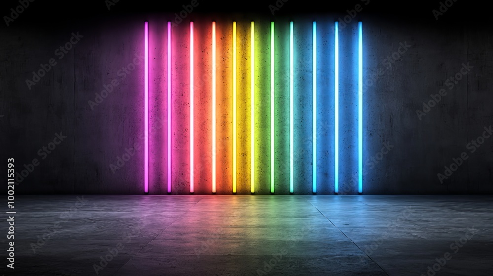 Obraz premium A vibrant display of neon lights arranged vertically in a spectrum of colors against a dark, textured wall, creating a modern, artistic ambiance.