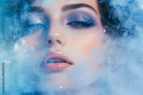 Female beauty portrait with evening makeup. Smokey eyes and glitter, dramatic fog. Decorative cosmetics and make-up artist services. New Year, Christmas, party, dinner. Banner, poster