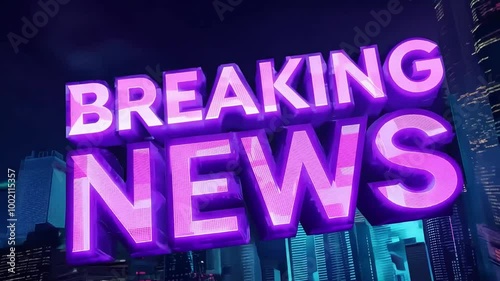 Phrase Breaking News in cyberpunk style zooms in on a neon-lit cityscape, with glowing purple letters