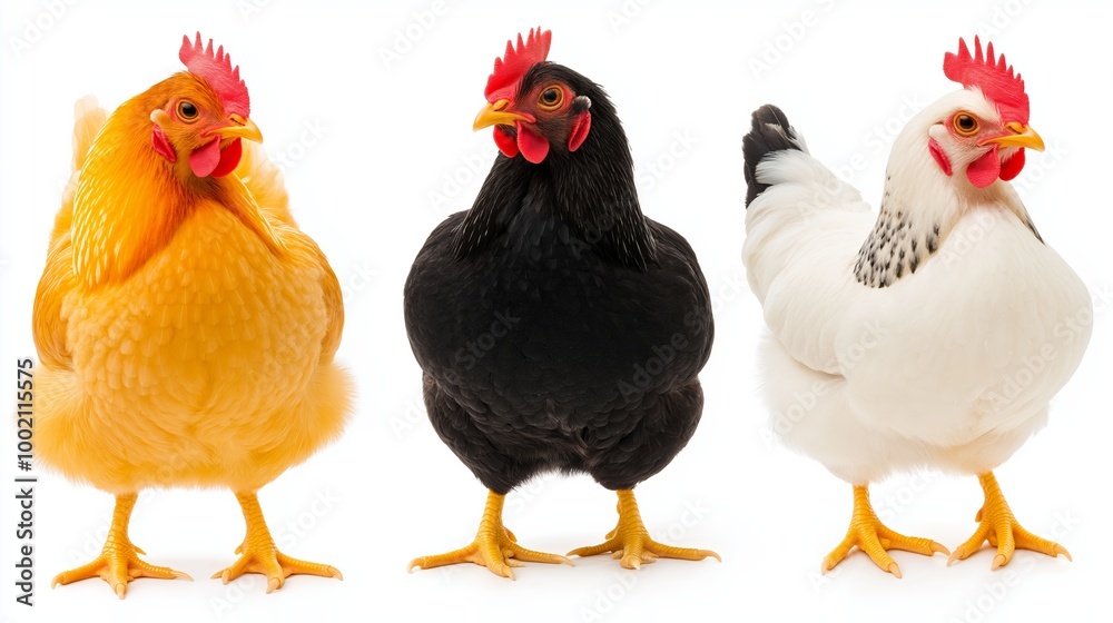 Fototapeta premium Three chickens standing in a row. One is yellow, one is black, and one is white. Three good-looking and energetic chickens