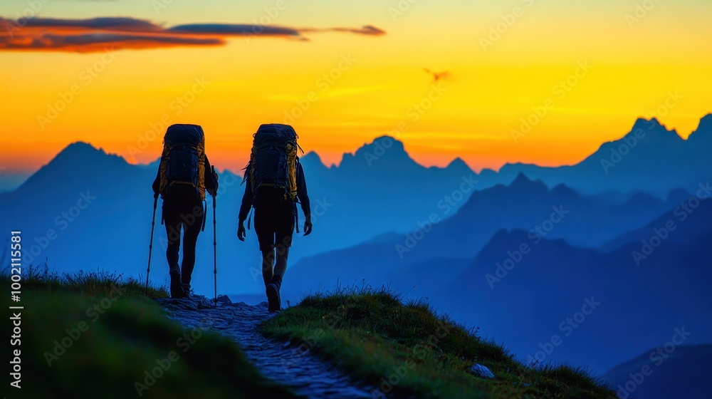 Fototapeta premium Hikers couple walking on mountain trail at sunset