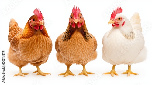 Three chickens standing in a row. One is yellow, one is black, and one is white. Three good-looking and energetic chickens