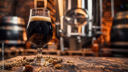 Dark Beer Glass in Brewery Setting with Equipment