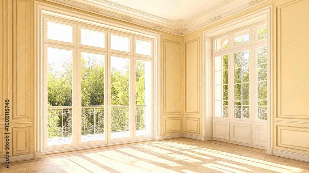 Obraz premium Sun shining through windows in luxurious house interior