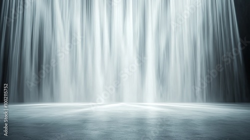 A serene waterfall cascades down, creating a misty ambiance and reflecting light on the smooth surface below.