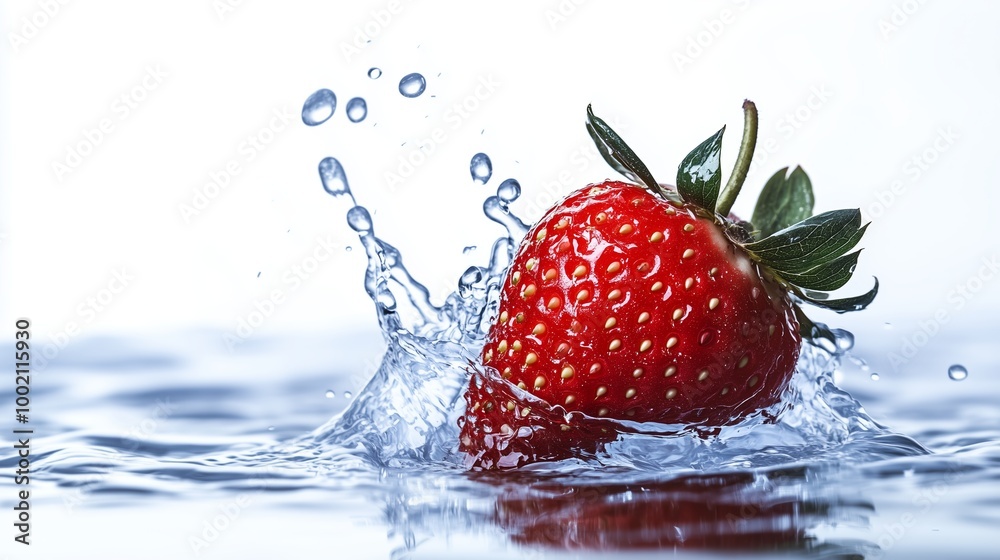 Fresh strawberry splashes into clear water creating droplets and ripples indoors in bright lighting Fresh strawberry splashes into clear water creating droplets and ripples indoors in bright lighting