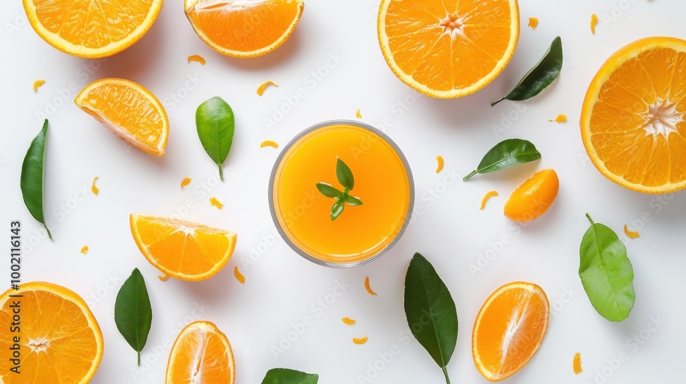 Fresh Orange Juice Surrounded by Slices and Leaves Fresh Orange Juice Surrounded by Slices and Leaves
