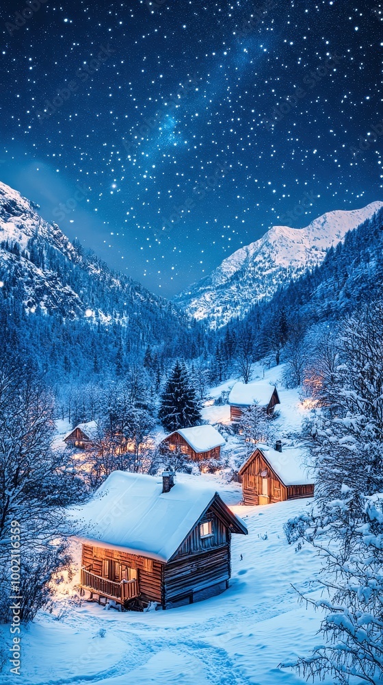 Naklejka premium Snow falling over wooden cabins in mountain valley