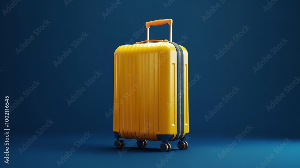 A yellow suitcase with wheels on a blue background, great for travel or adventure images A yellow suitcase with wheels on a blue background, great for travel or adventure images