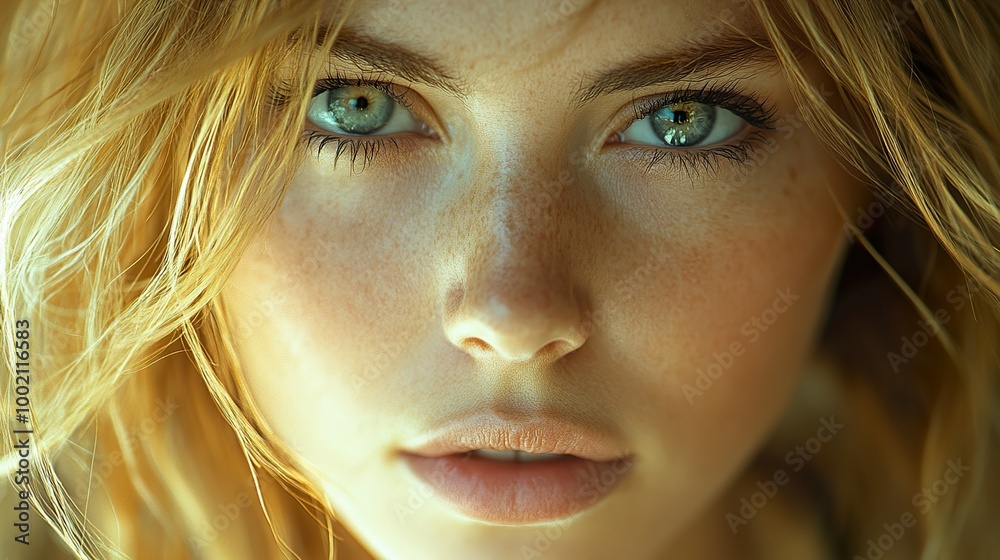 Close Up Portrait of a Woman with Green Eyes and Freckles Close Up Portrait of a Woman with Green Eyes and Freckles