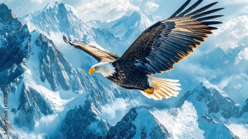 Majestic bald eagle soaring over snow capped mountain peaks