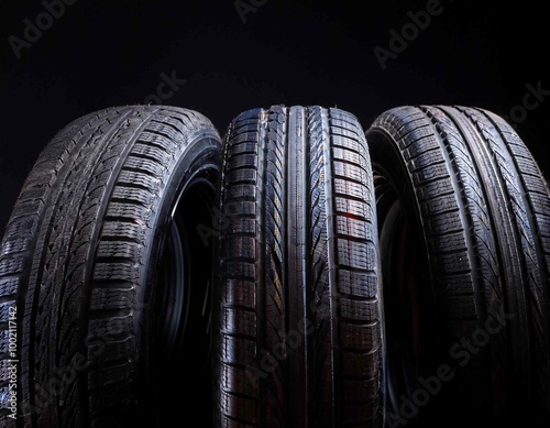 New car tires in a row on black background