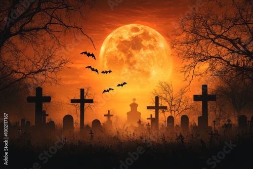 Full moon illuminating a graveyard with eerie Halloween atmosphere.