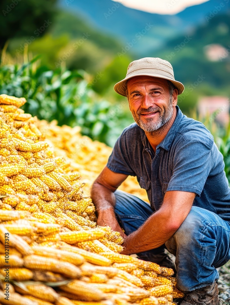 Young farmer smiling and holding corn kernels after harvest Young farmer smiling and holding corn kernels after harvest