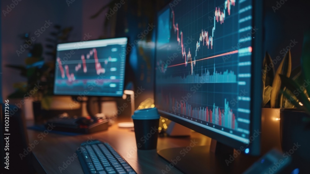 Naklejka premium Modern Workspace with Stock Market Graphs on Screens