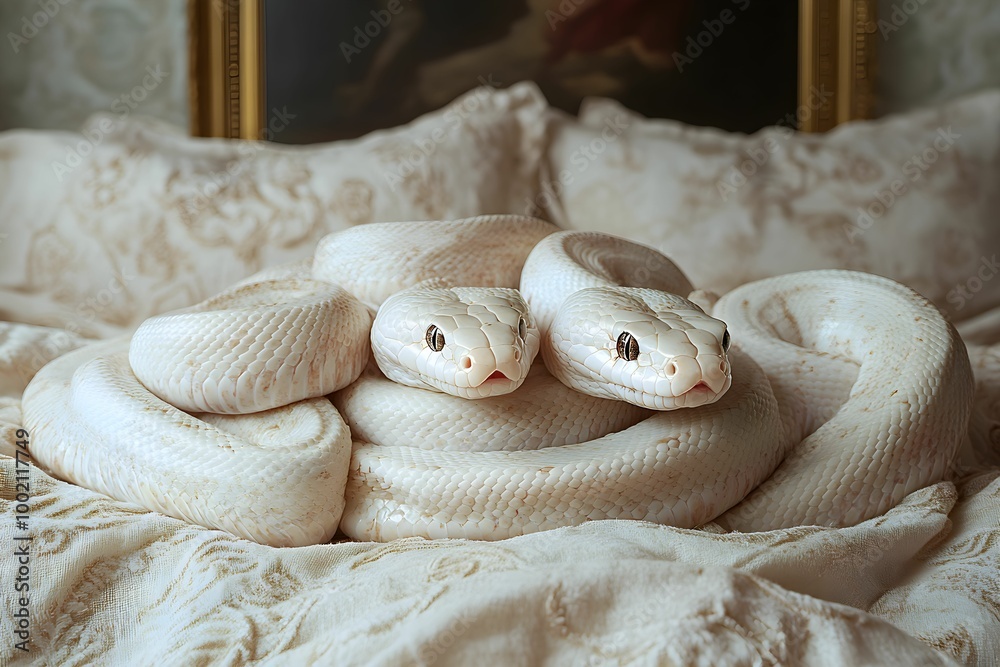 Fototapeta premium A pair of white snakes coils together, showcasing their smooth scales and unique features in a serene setting.