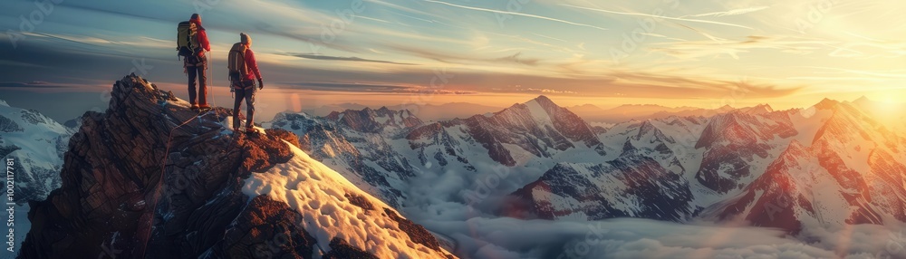 Hikers on mountain peak during sunset, panoramic view, scenic landscape Hikers on mountain peak during sunset, panoramic view, scenic landscape