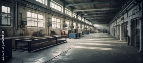 Interior of Factory, Factory Floor, Workshop, Factory Shop. Industrial Building Inside. Old Industrial Enterprise.