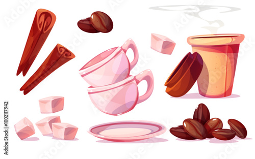 Coffee drink in cup. Barista and cafe vector icon set. Autumn americano and espresso elements for breakfast. Cinnamon, sugar, caffeine bean and mug cartoon design for shop business. Cute ingredient