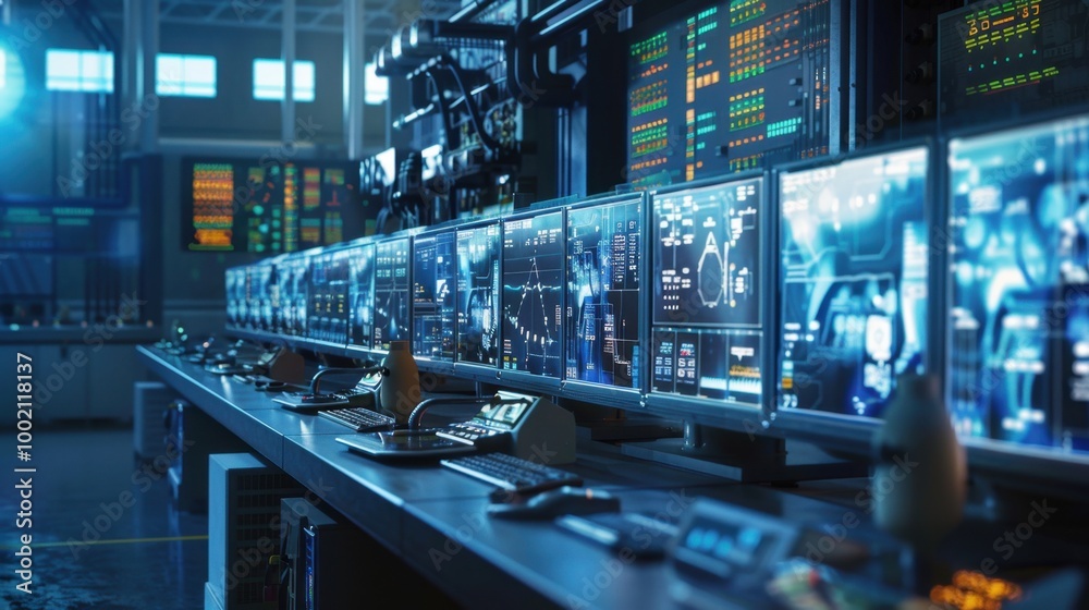 High-Tech Control Room with Multiple Monitors High-Tech Control Room with Multiple Monitors