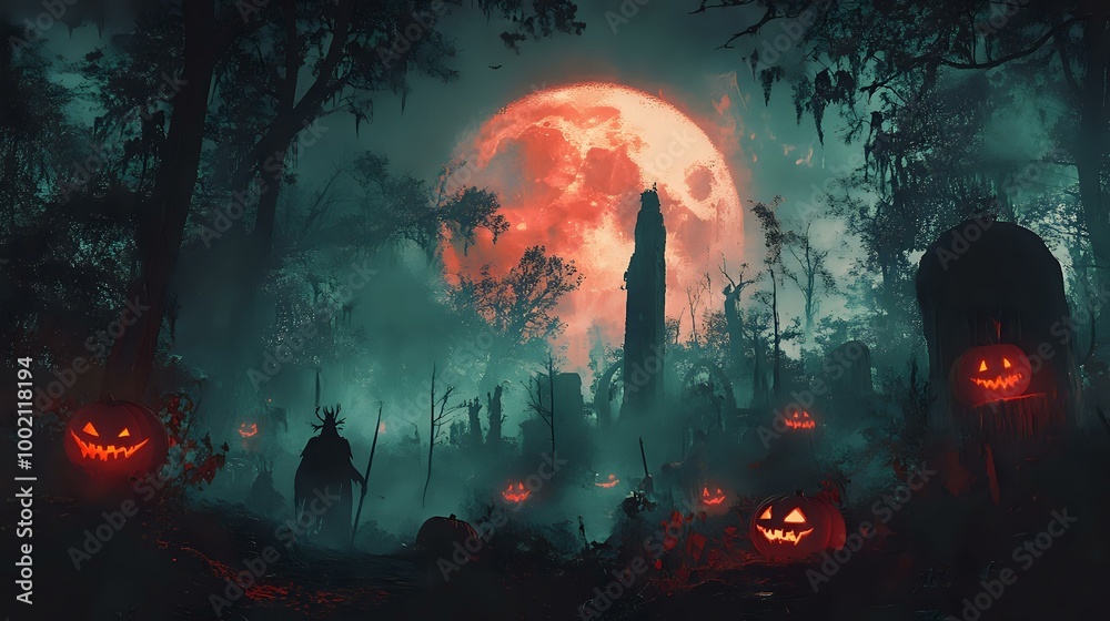 Obraz premium A haunted forest with glowing pumpkins