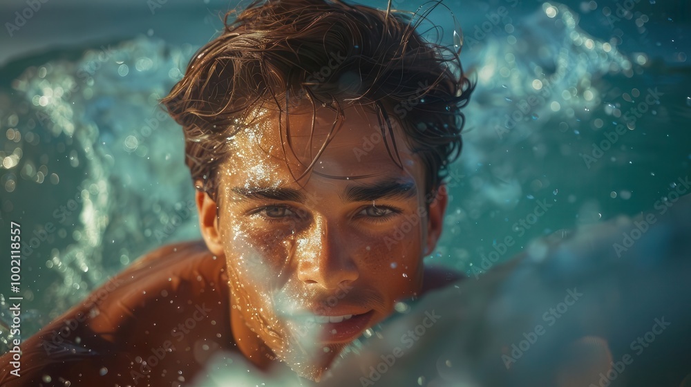 Young man swimming underwater in clear blue ocean.