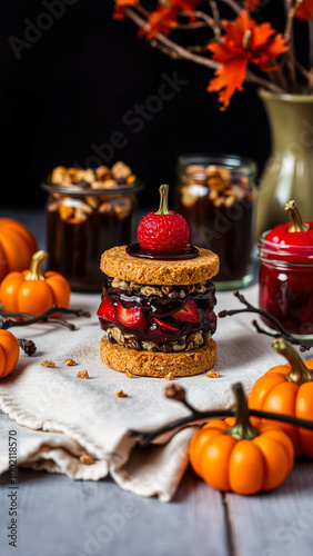 Delicious chocolate and strawberry dessert with pumpkin and fall leaves