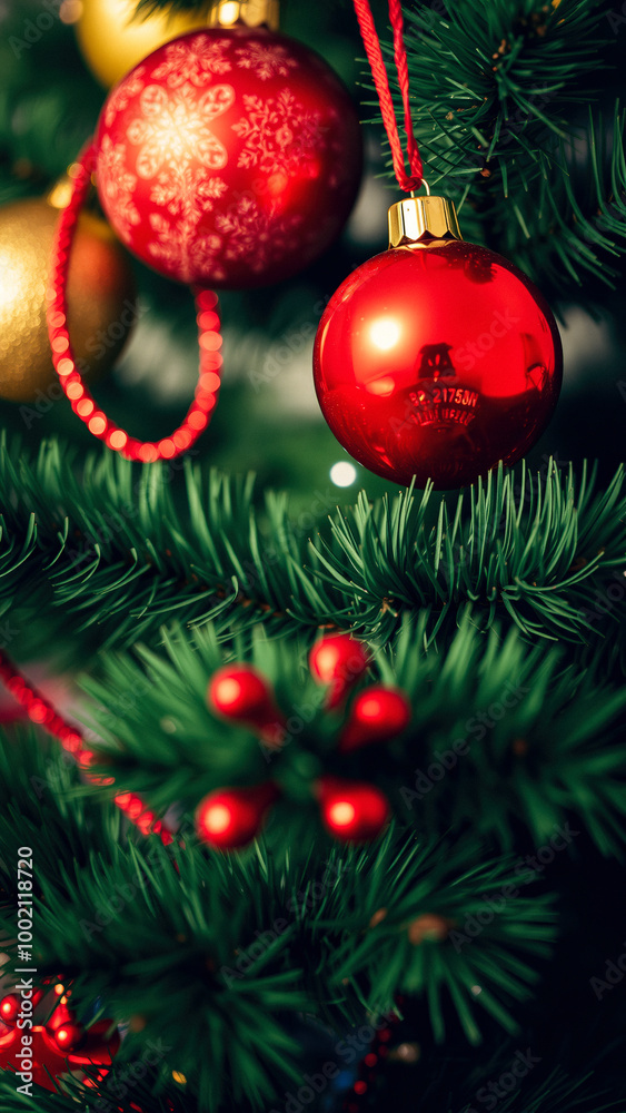 Naklejka premium Red Christmas Ornaments on a Green Christmas Tree